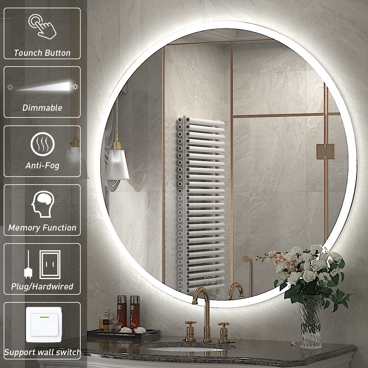 Kahnpan Inch Round Led Bathroom Mirror Lighted Bathroom Vanity