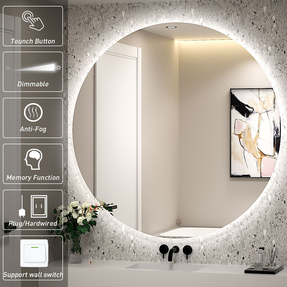 Kahnpan 36 Inch Round Backlit Mirror LED Bathroom Mirror With Lights