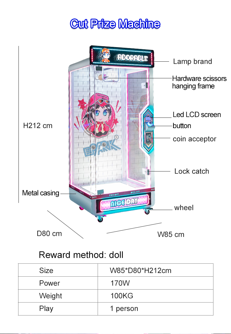 Coin Operated Arcade Pink Date Cut The Rope Game Machine Standing Indoor Push Prize Toy Crane Claw Machine details