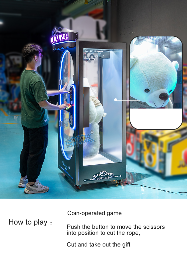 Coin Operated Pink Date Cut 2 Win Automatic Cut The Rope Prize Big Stuffed Toys Scissors Game Machine factory