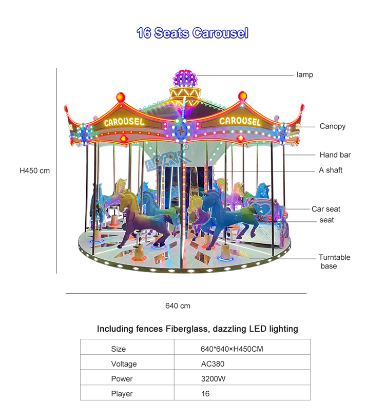 Amusement Park 16 Seats Carousel Kids Carousel Horse Rdes Carnival Game Carnival Rides Outdoor Amusement Theme Park Carrousel For Sale factory