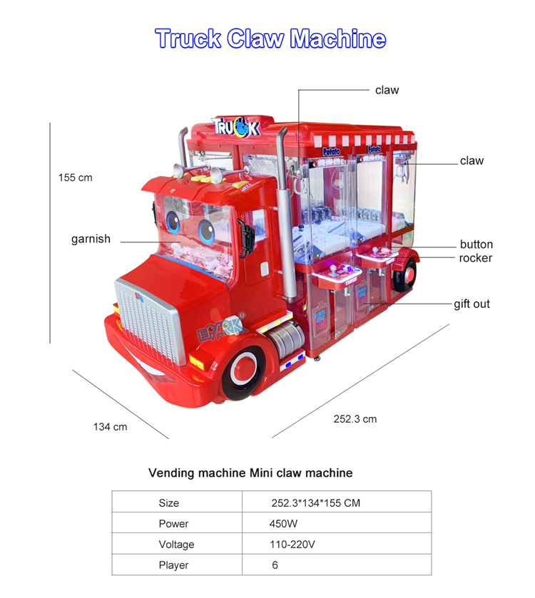 Coin-Operated 6 Players 8-10 Cm Stuffed Animal Toys Doll Gift Christmas Truck Crane Claw Game Vending Machine manufacture