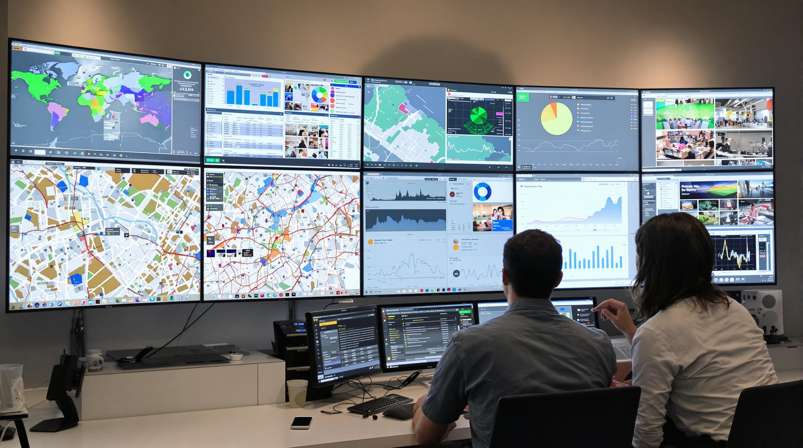 Analysts monitor real-time engagement data for digital displays in a control room