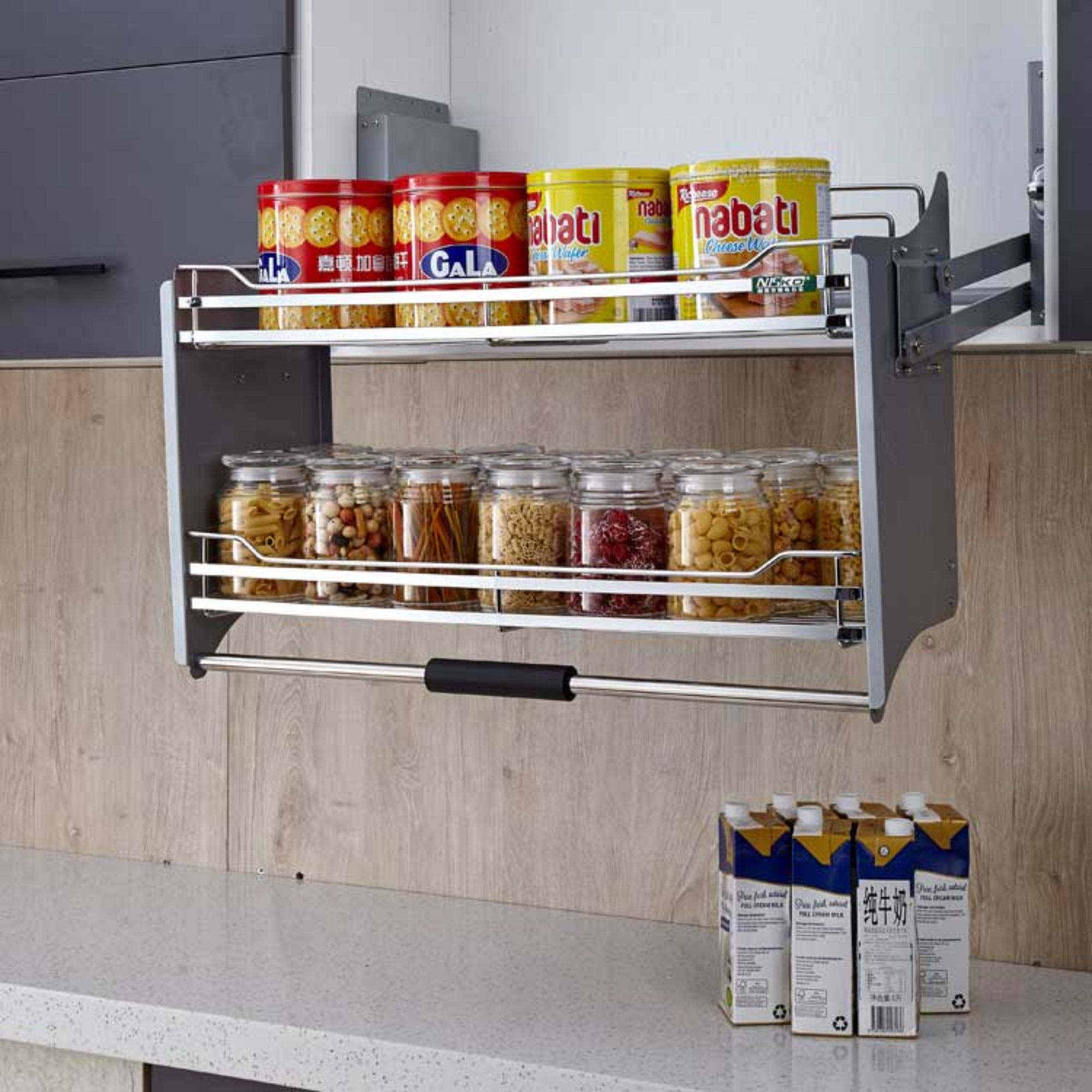 Kitchen Wall Cabinet Double Layers Lifting Stainless Steel Basket