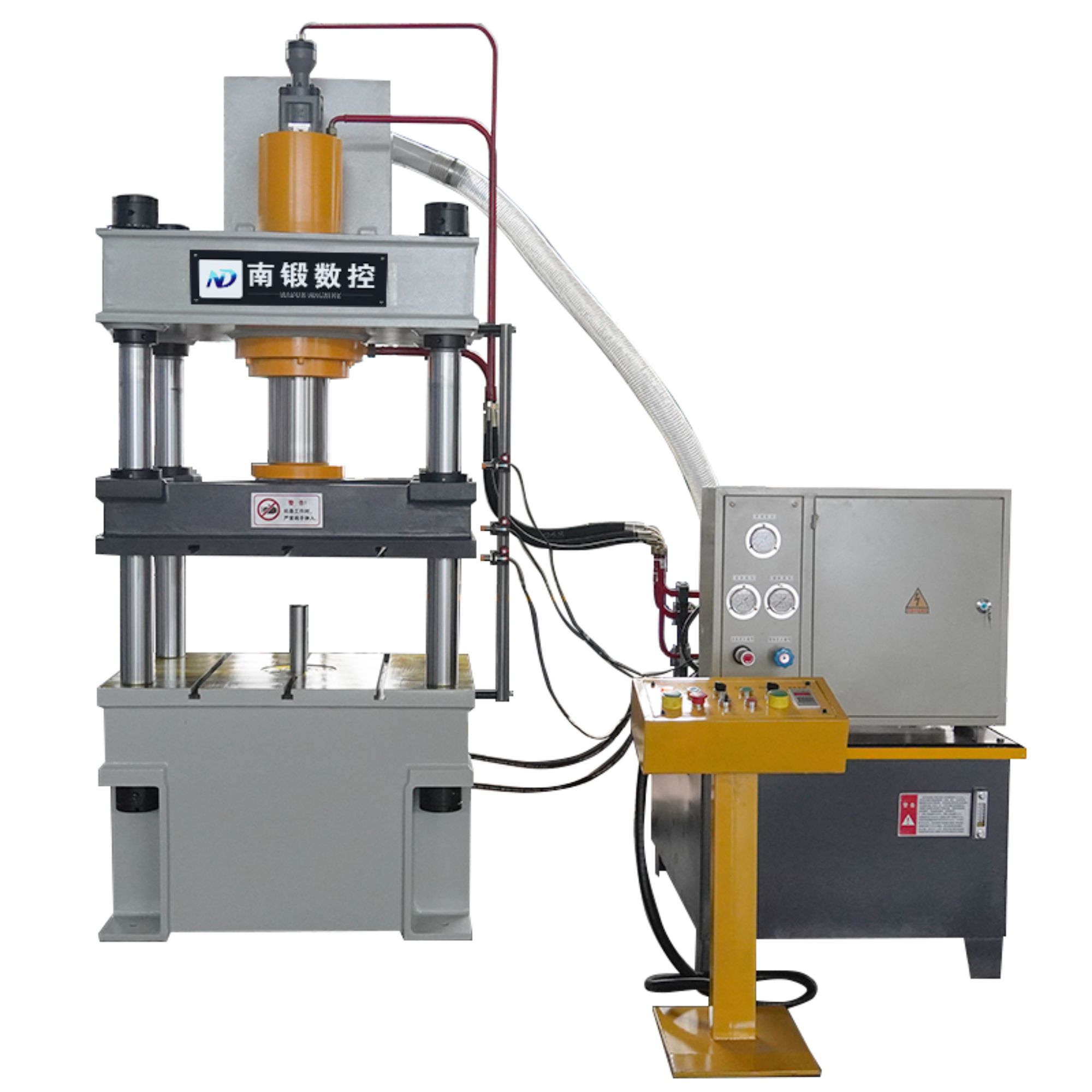 What are the main applications of a 200-ton three-beam four-column hydraulic press with a lower cylinder?