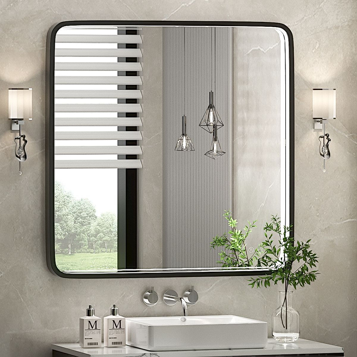 Kahnpan 30x36 Inch LED Bathroom Mirror With Lights, Black Metal Framed ...