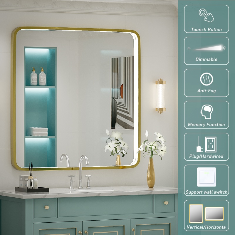 Kahnpan 36X36 Inch LED Bathroom Mirrors,Gold Framed Dimmable Lighted Mirror for Wall, Bathroom