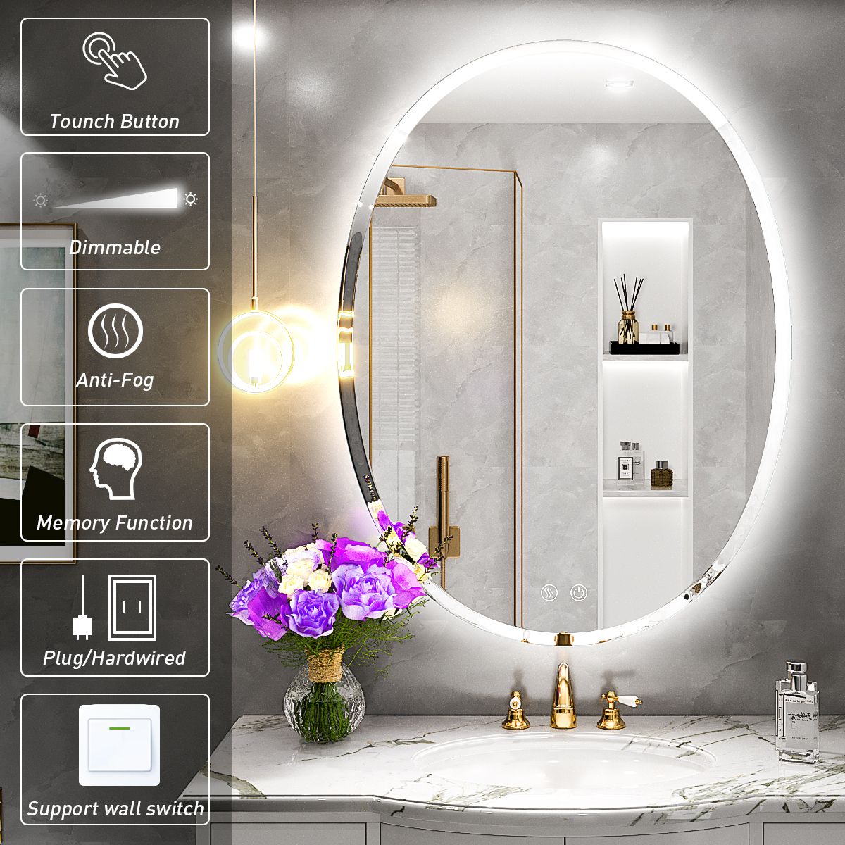 Kahnpan 24x32 Inch Oval LED Bathroom Mirror, Backlit Beveled Mirror