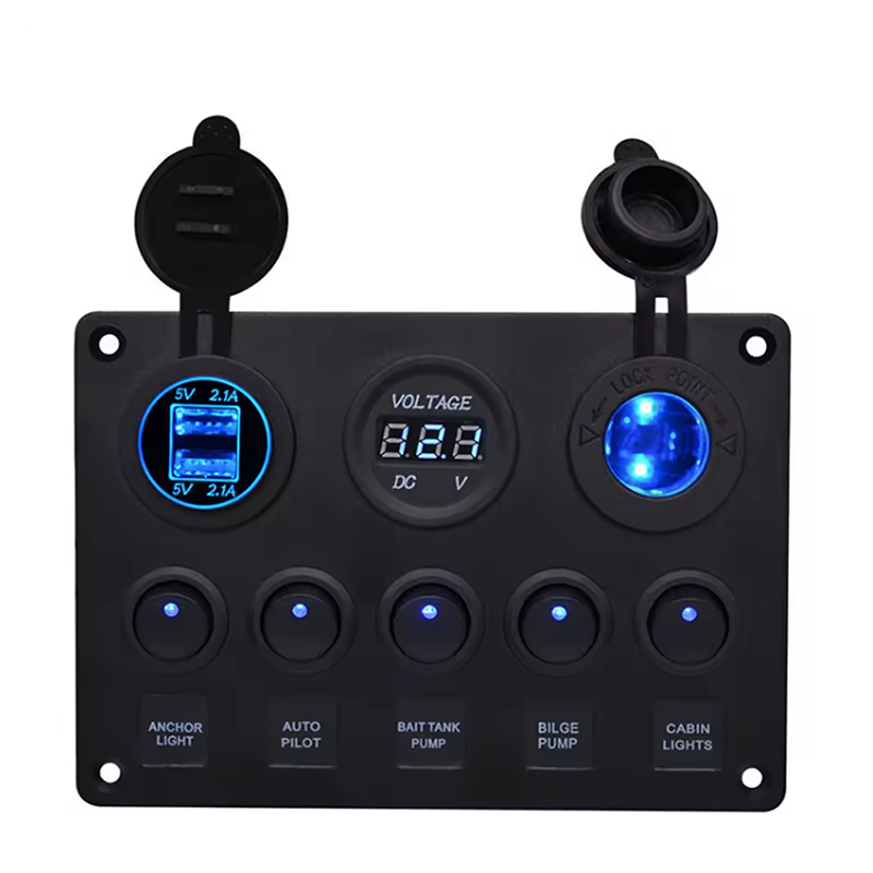 5 Gang Marine Rocker Switch Panel ON-Off Toggle Switch Panel Waterproof Blue LED Dual USB Socket Charger + Voltmeter