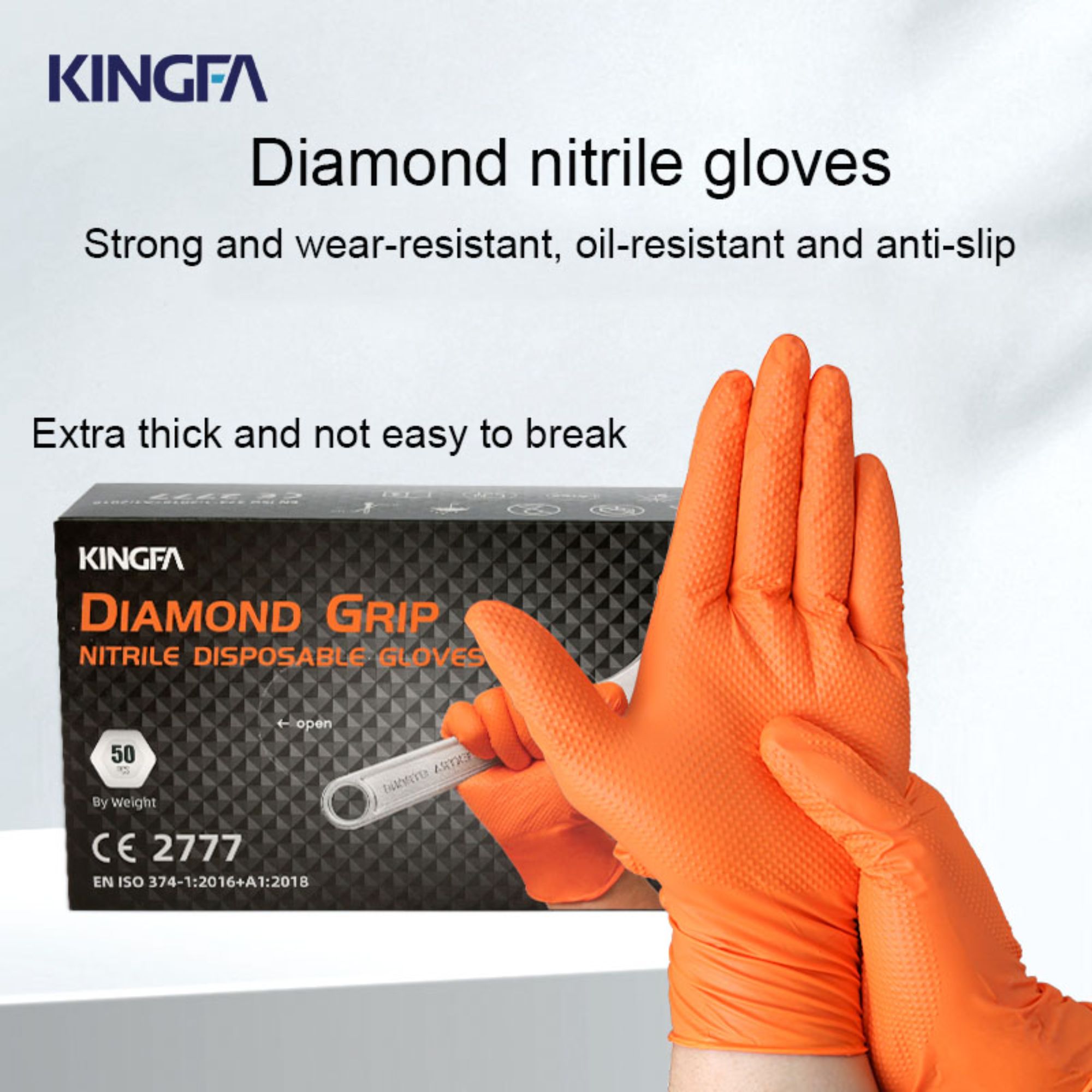 Thickened Diamond Textured Non Slip Orange Disposable Nitrile Gloves