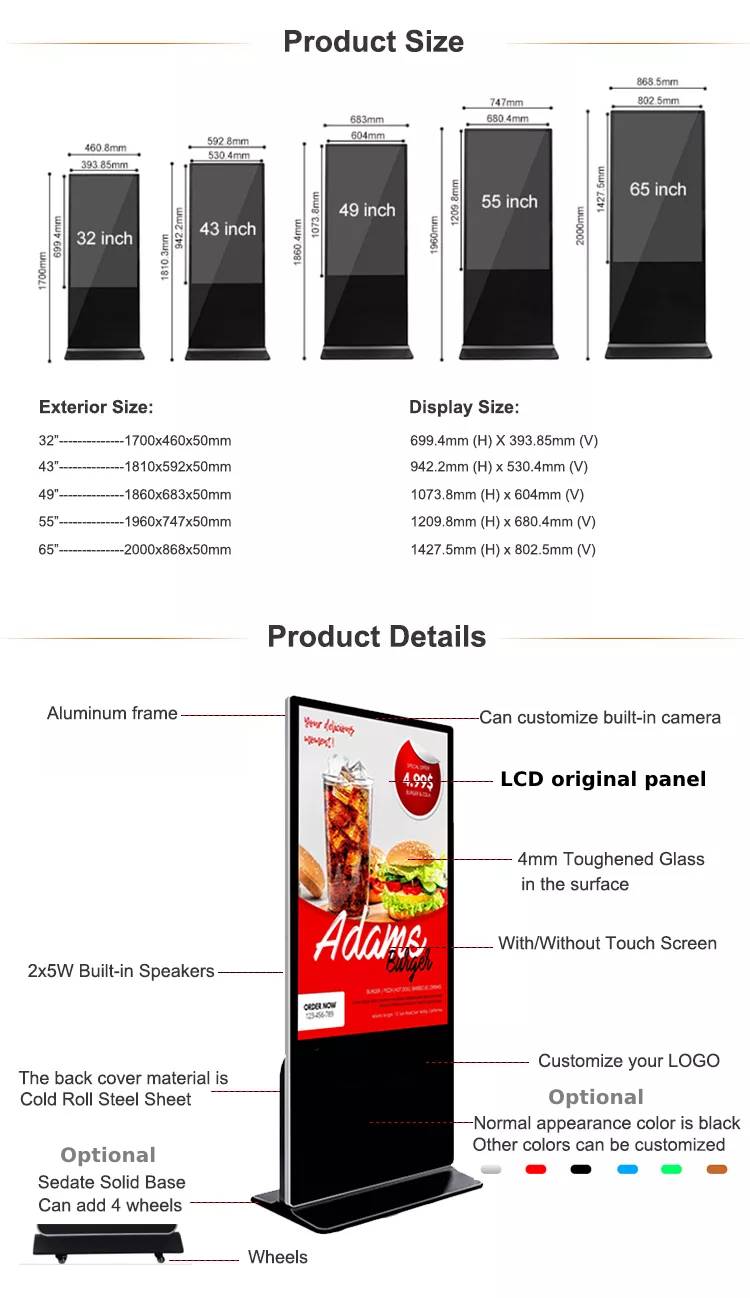 Factory price 32 43 49 55 65 75 inch LCD display android floor stand HD monitor advertising digital signage touch screen kiosk manufacture