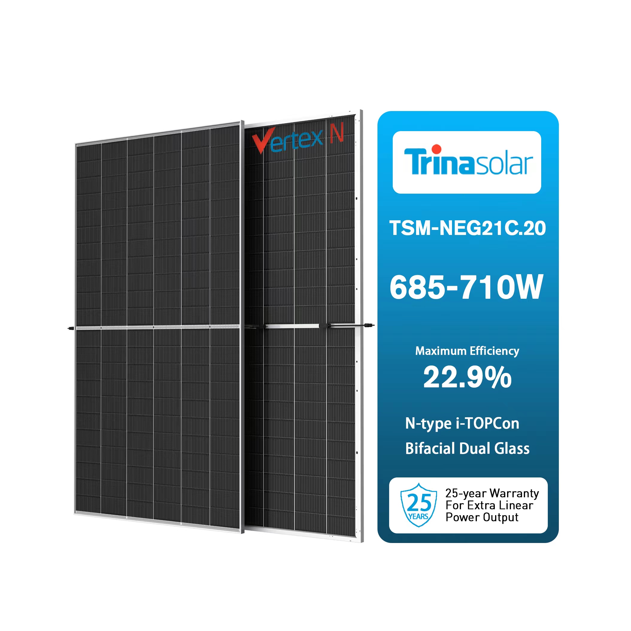 Trina solar panel Vertex S+ TSM-NEG21C.20 Bafacial Dual Glass Monocrystalline Dual Glass  Module 675W 680W 685W 690W 695W 700W