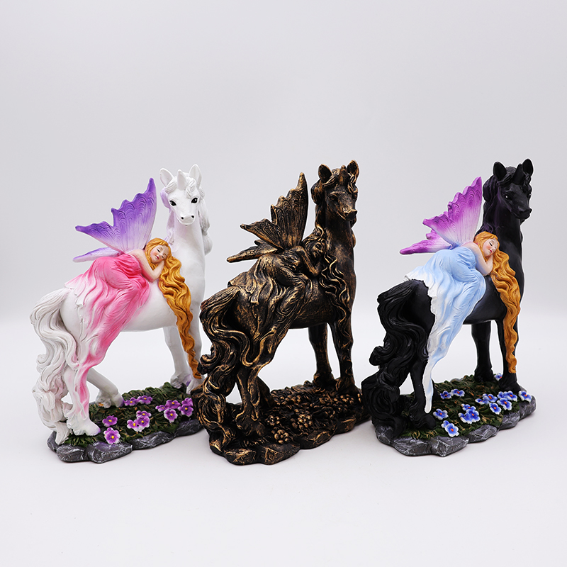 OEM home garden decor unique miniature 3d figure statue custom resin craft beautiful mystical fairy and unicorn figurines factory