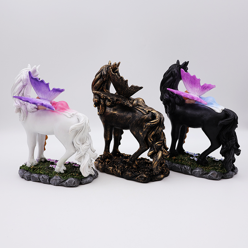 OEM home garden decor unique miniature 3d figure statue custom resin craft beautiful mystical fairy and unicorn figurines factory