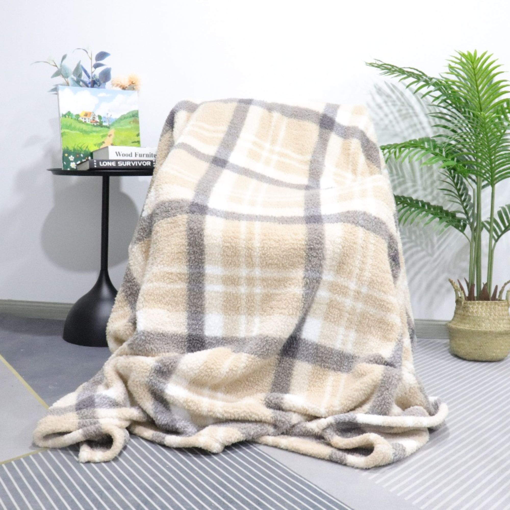 Brown Black Double Layer Striped Sherpa Blanket