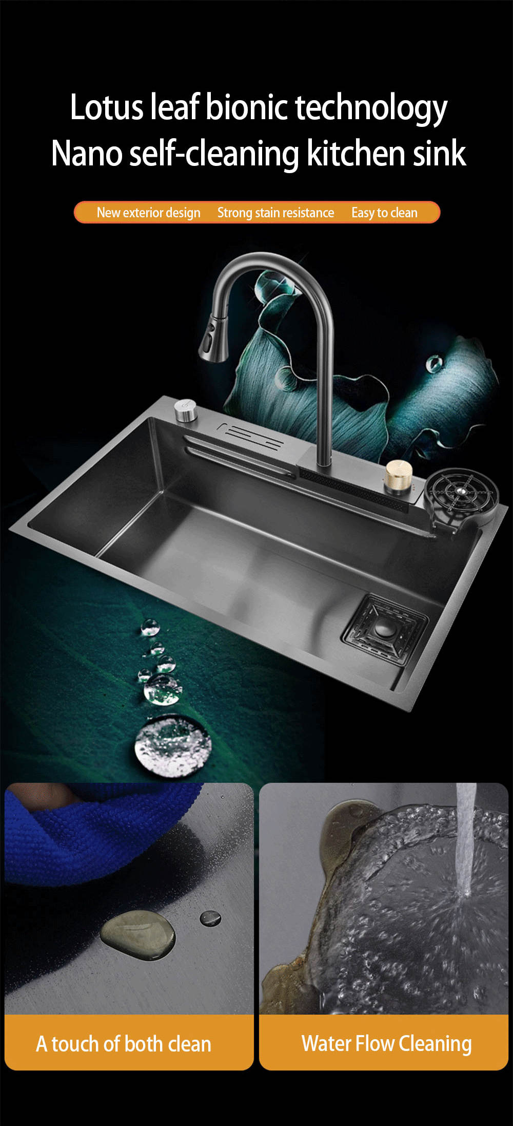 Waterfall Sink Kitchen Stainless Steel Topmount Sink Large Single Slot Wash Basin With Multifunction Touch Waterfall Faucet manufacture