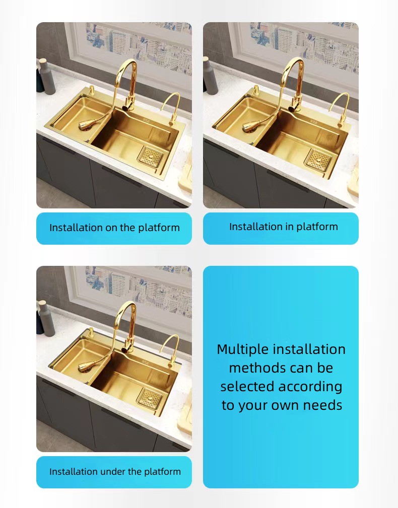 Brushed Gold Stainless Steel Nano Handmade Kitchen Sink Single Slot Under The Counter Multifunctional Table Board Sink Bowl factory