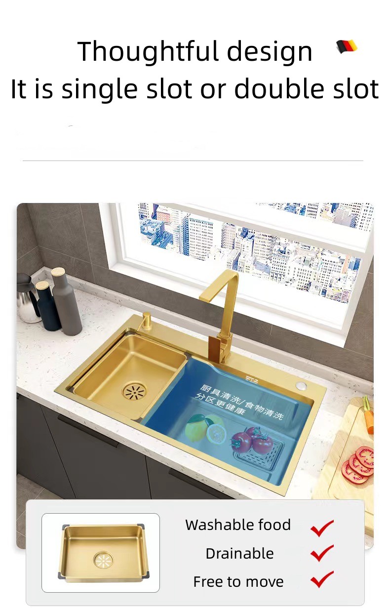 Brushed Gold Stainless Steel Nano Handmade Kitchen Sink Single Slot Under The Counter Multifunctional Table Board Sink Bowl factory