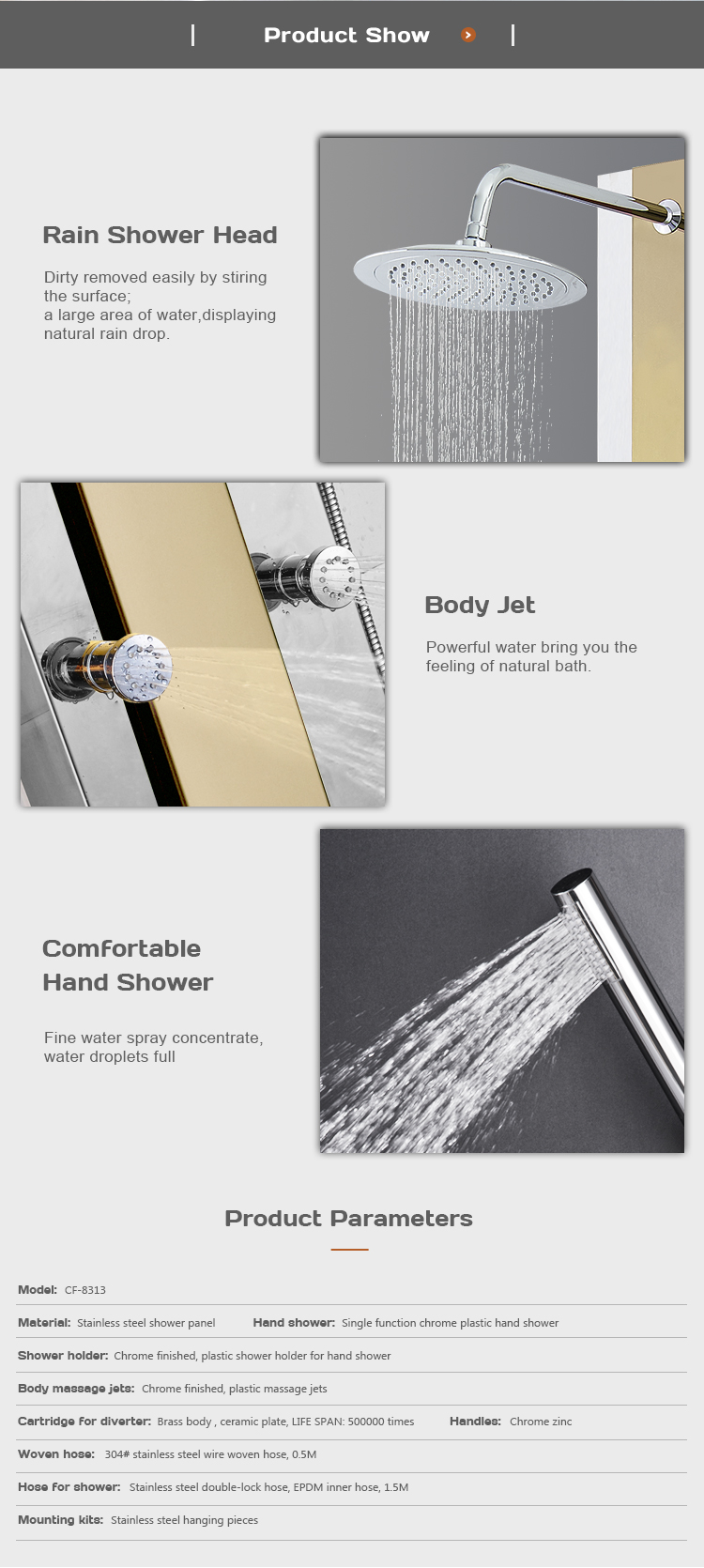 Best quality colorful mirror stainless steel shower panel CF-8313 details