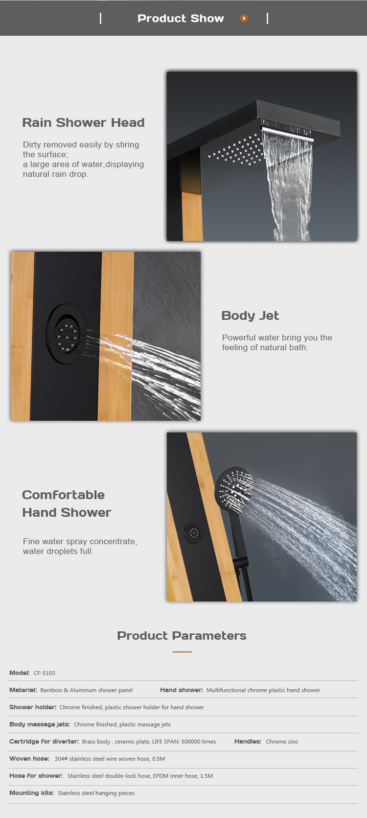 New design bath room waterproof wooden waterfall bamboo shower panel CF-5103 supplier