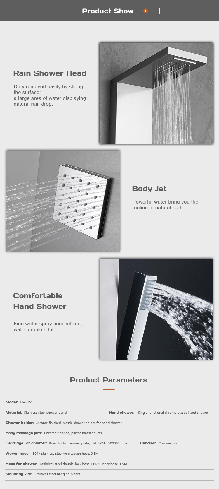 Hot sell bathroom wall mounted massage jets stainless steel shower panel CF-8351 details