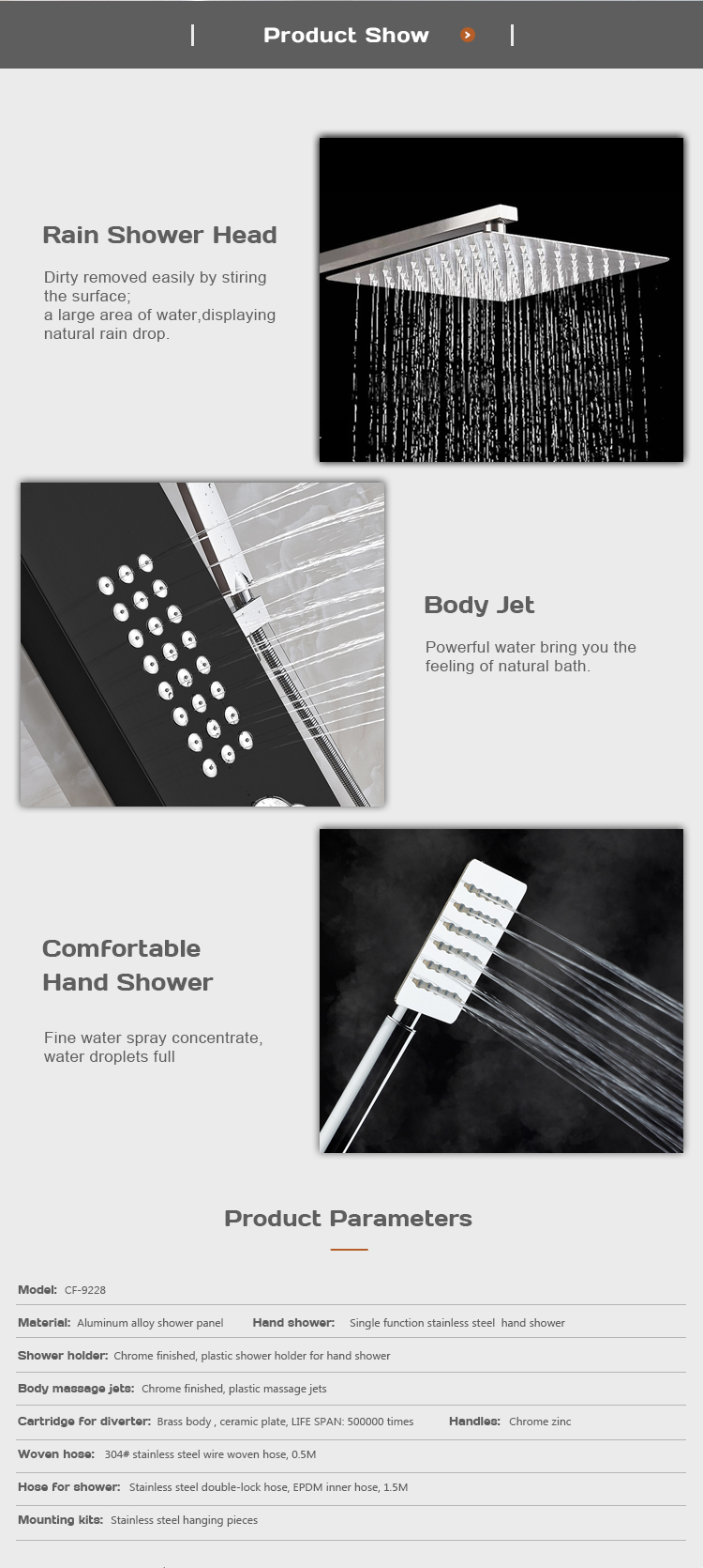 Quality home shower system spraying massage aluminum alloy shower panel CF-9228 manufacture