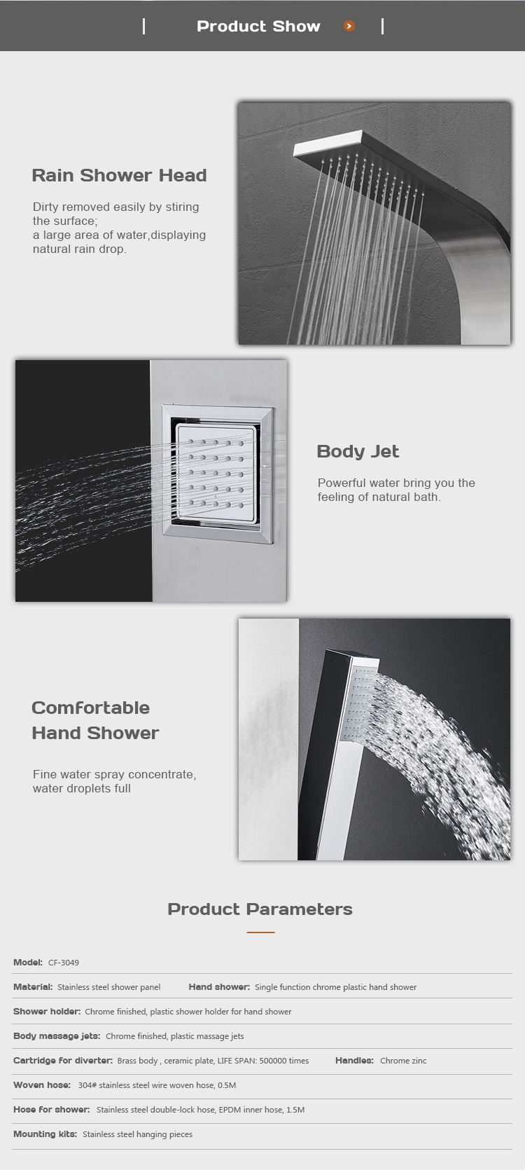 wholesale price shower column hydro massage rainfall installation high pressure shower panel CF-3049 details