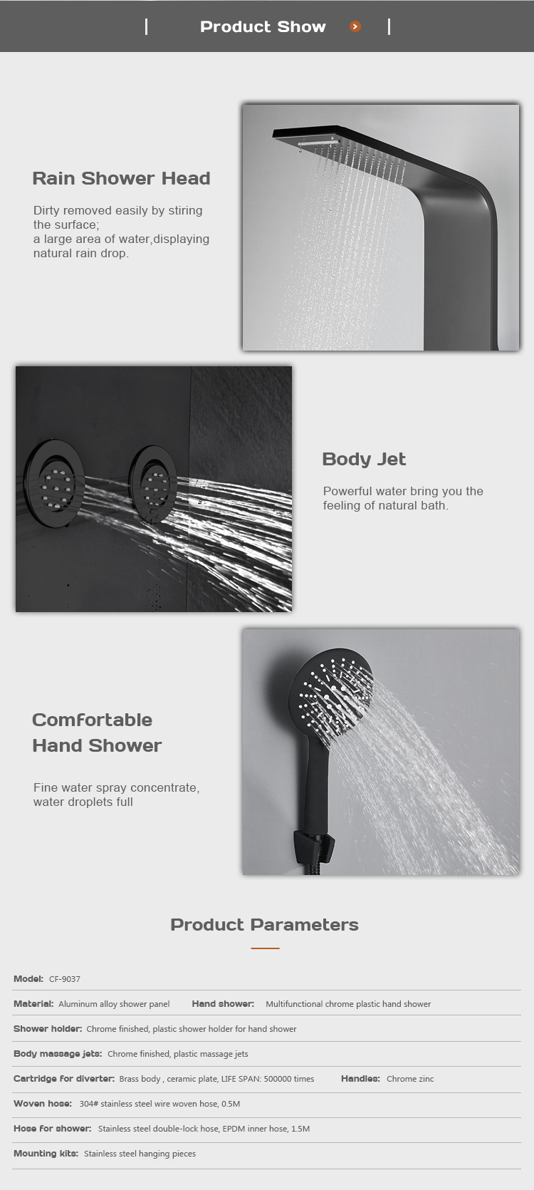 New design black aluminum alloy corner shower system popular decorative shower panel CF-9037 details