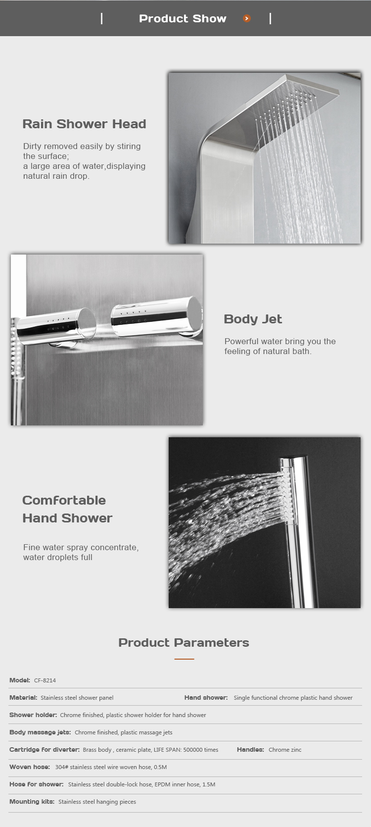 New design bathroom accessories wall mounted stainless steel shower panel CF-8214 factory