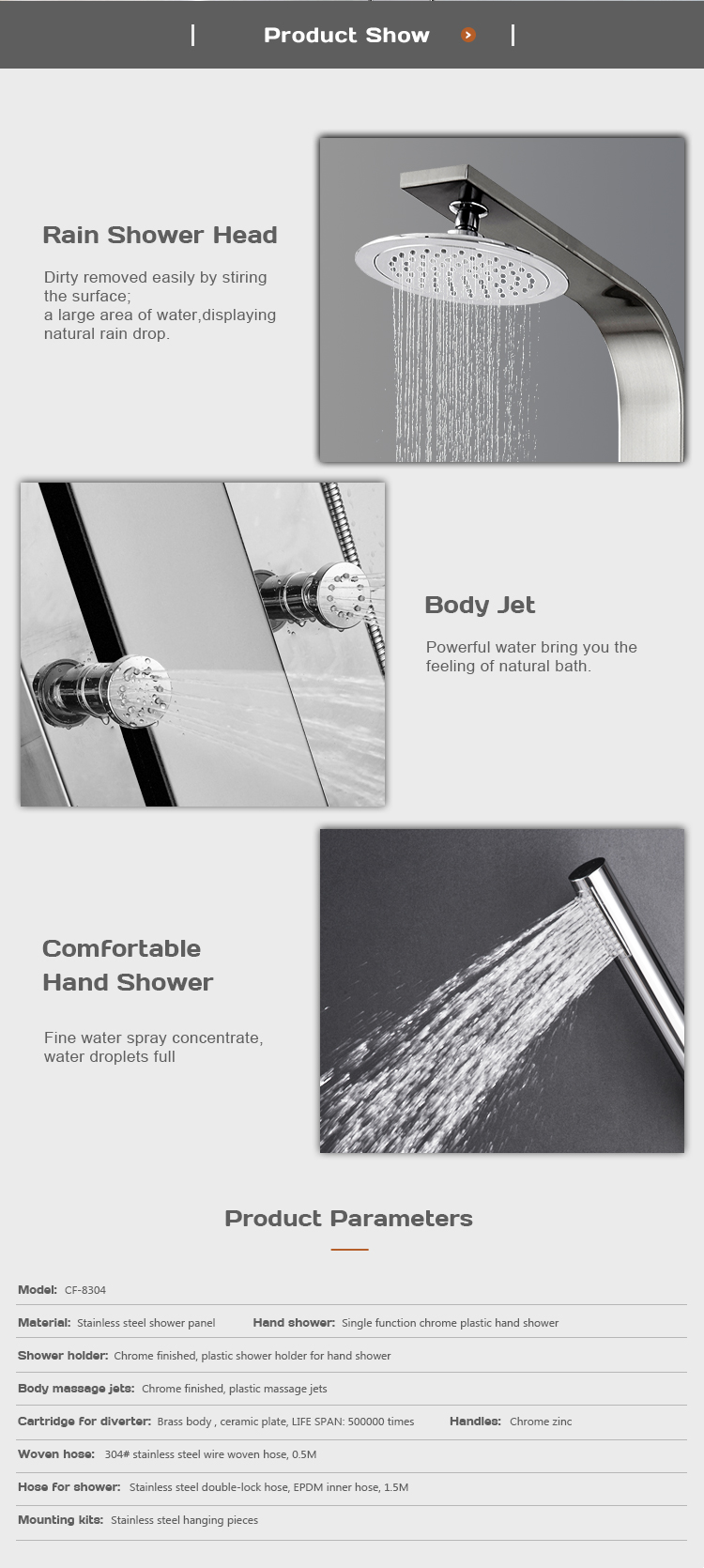 Quality decorative shower system water proof shower panel CF-8304 details