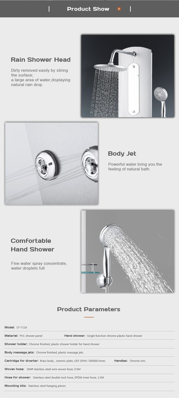 Modern white PVC rain set wall mounted hot and cold shower panel CF-7116 details