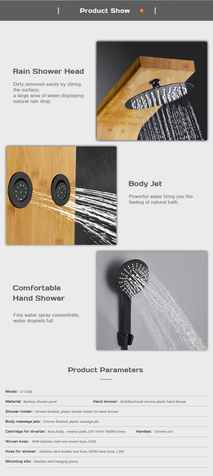 New Design Natural Bamboo Shower Panel Bathroom Wooden Shower Panel CF-5106 details