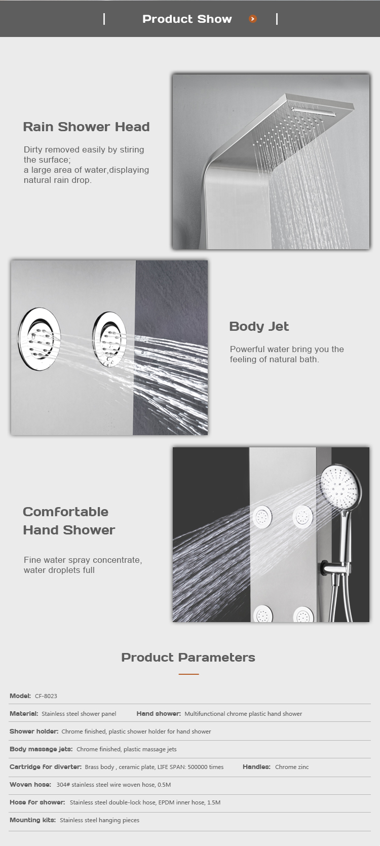 Shower mixer set bathroom massage jets stainless steel wall mounted shower panel CF-8023 details