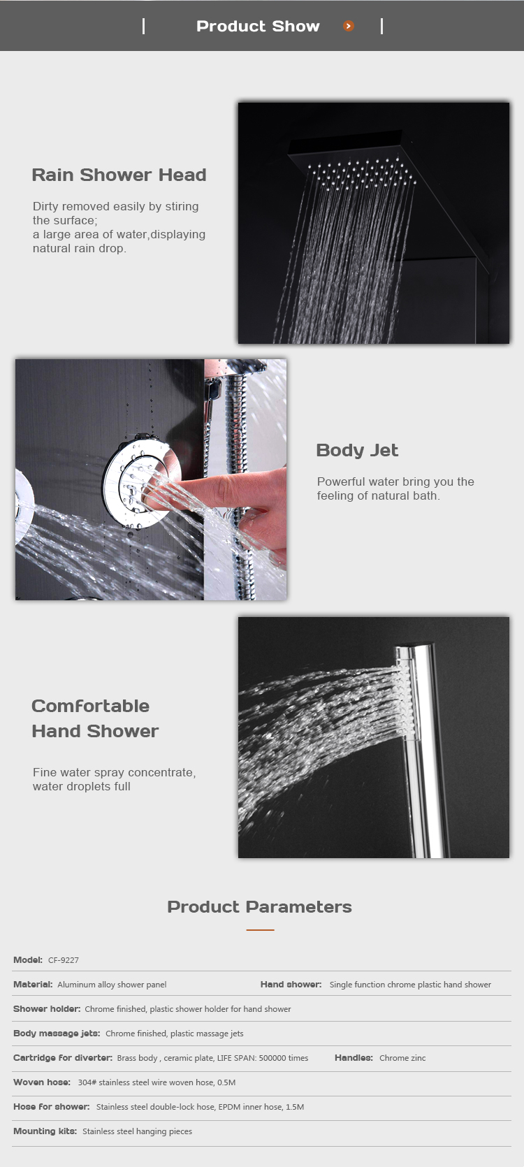 Chinese product bath massage shower column comfortable jets aluminum shower panel CF-9227 supplier