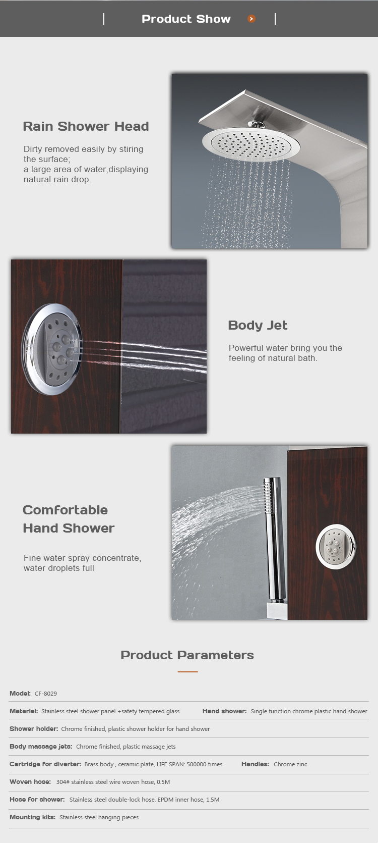 Morden Black Glass Massage Bathroom Shower Panel Stainless Steel shower Set CF-8029 manufacture