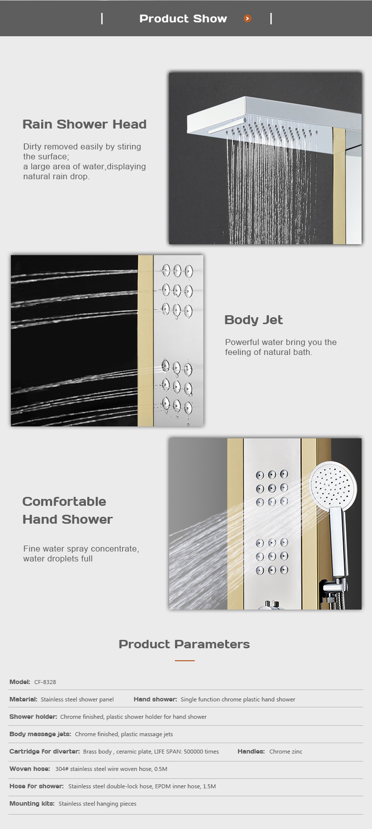 New design golden mirror stainless steel shower panel bathroom sanitary ware CF-8328 manufacture