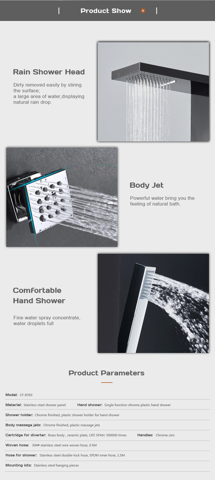 Super quality economical shower column water saving stainless steel shower panel CF-8350 supplier