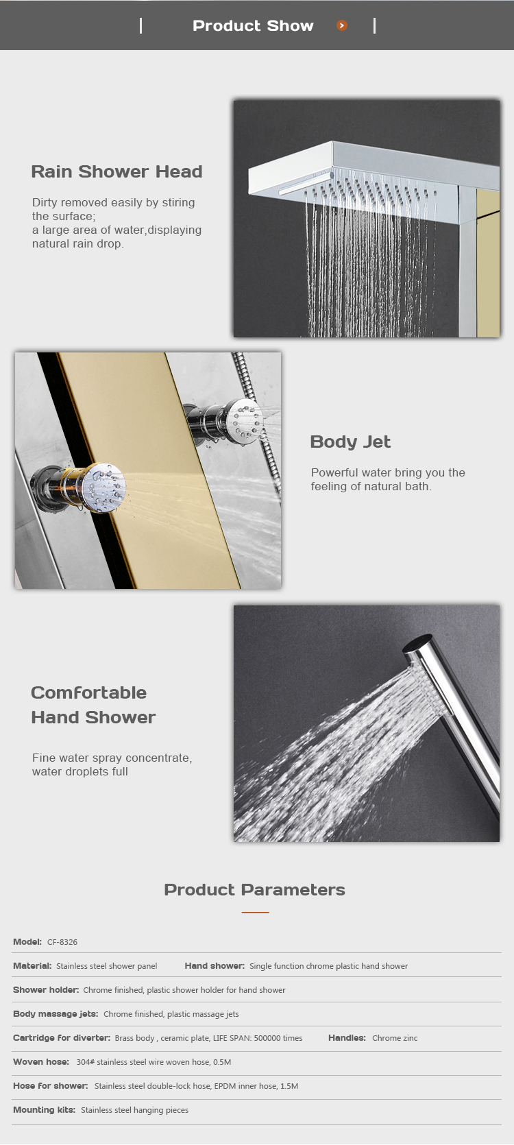 Bathroom accessories sanitary ware zhejiang brass faucet massage indoor stainless steel shower panel CF-8326 factory