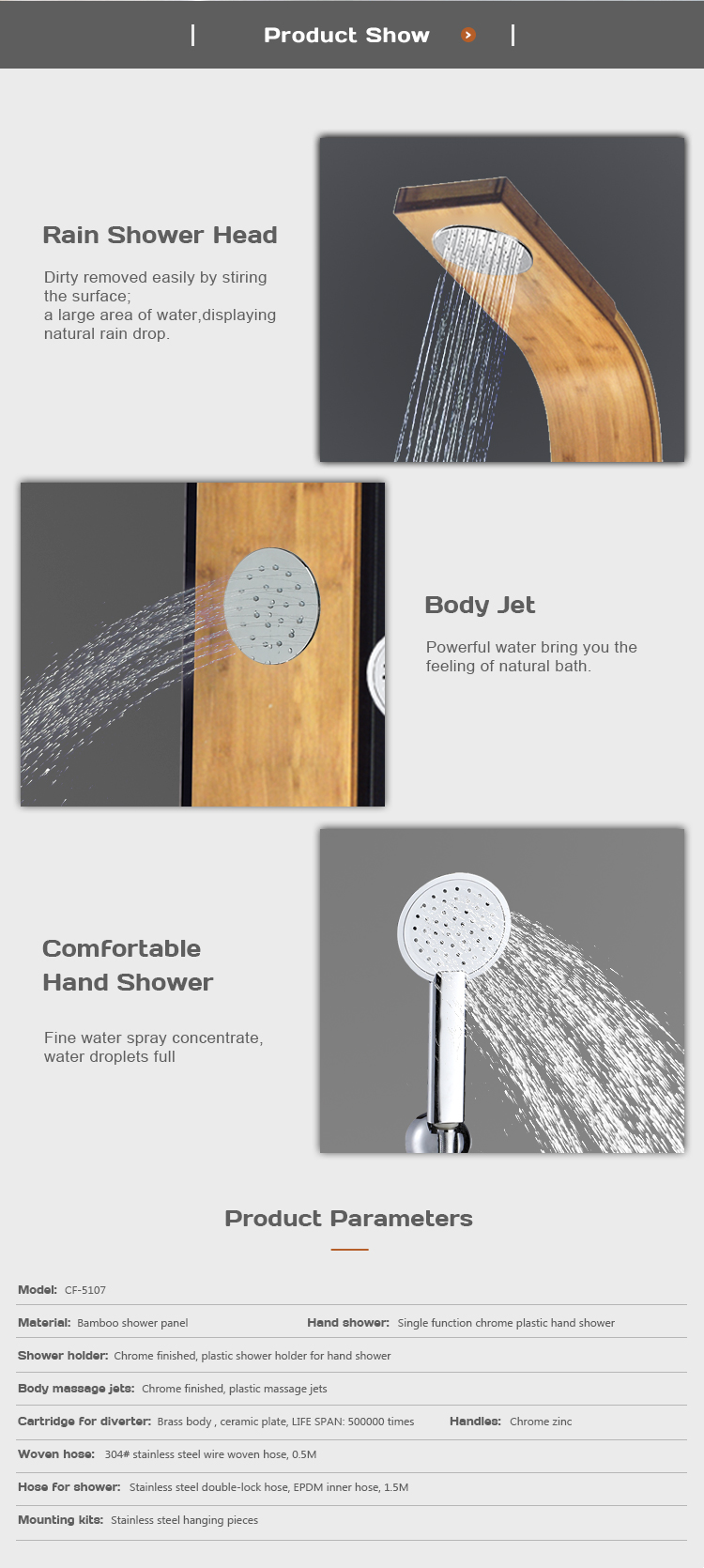 Back Massage Jets Modern Bathroom Wall Mount Hand Bamboo Shower Panel CF-5107 supplier