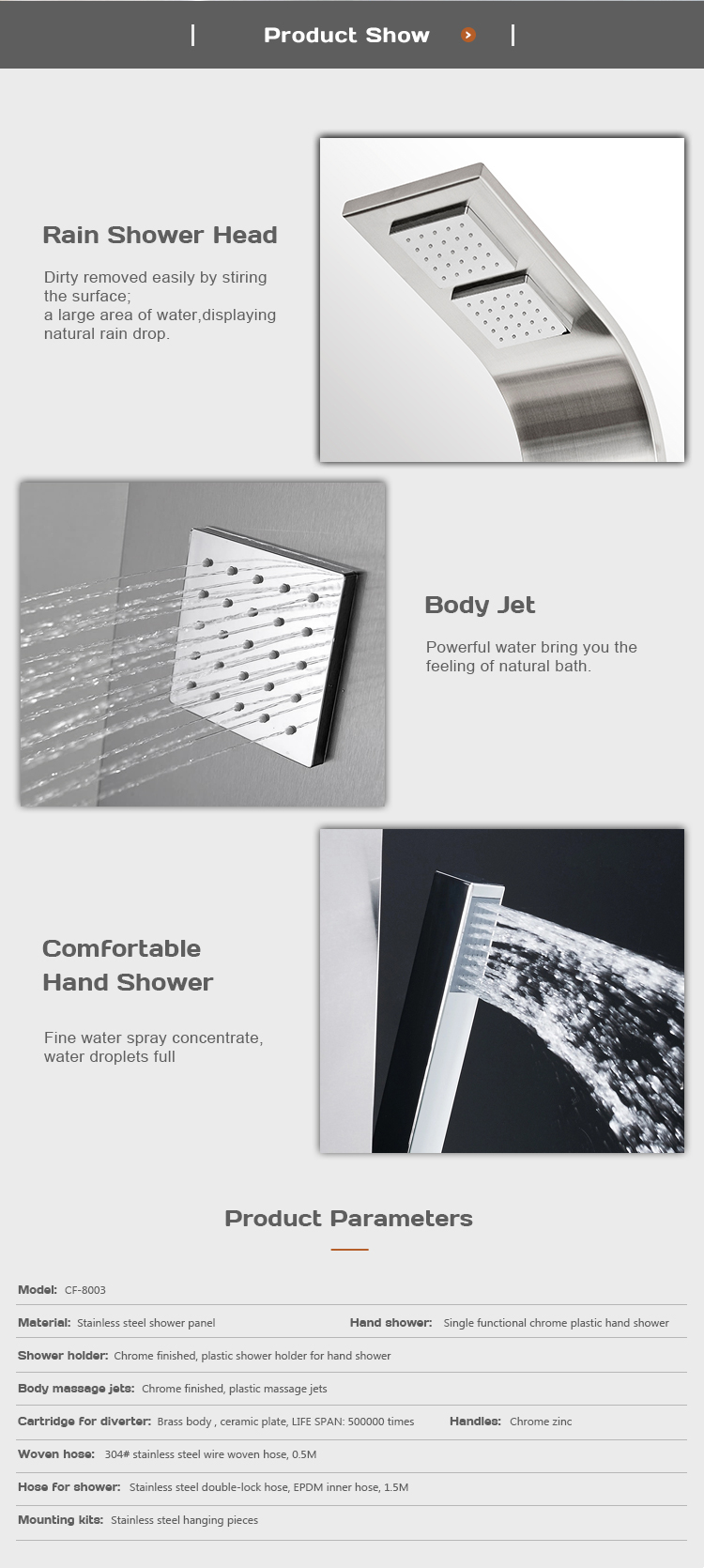 Special design modern reasonable price hotel bathroom stainless steel shower panel CF-8003 factory