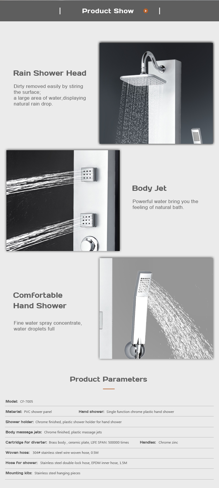 Morden Bathroom Bath Rain Shower Column Set PVC Wall Shower Panel CF-7005 supplier