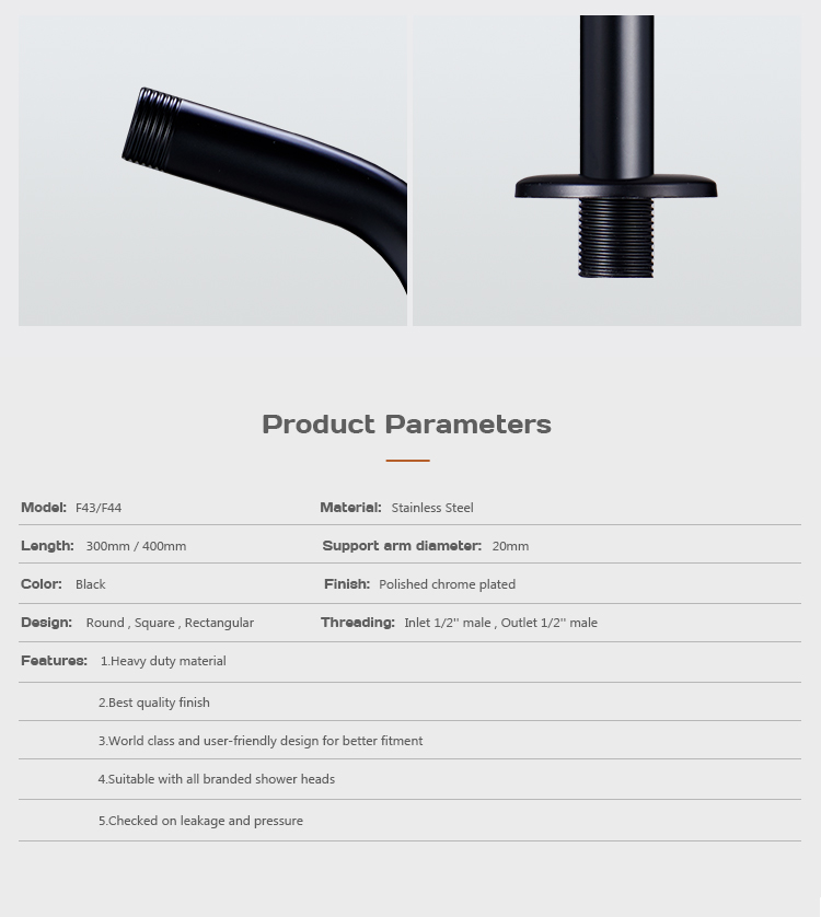 Wall mounted Shower head arm Stainless steel shower pipe for head shower F43/F44 details