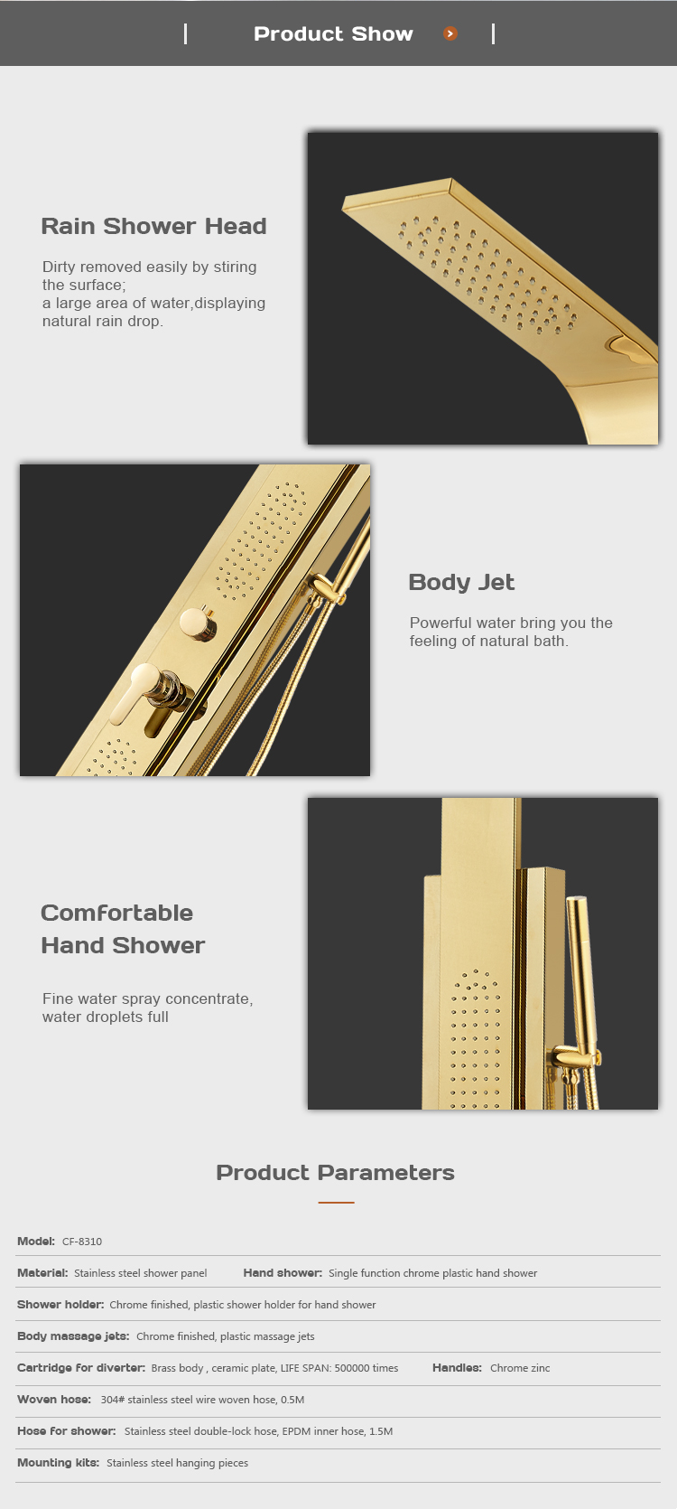 Golden Mirror Stainless Steel Shower For Pure Water Faucet Mixer Shower Panels CF-8310 supplier