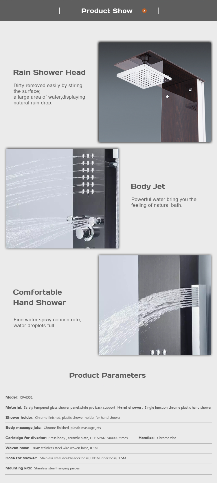 Newest arrival tempered glass with Wood grain jet massage bathroom shower panels CF-6331 supplier