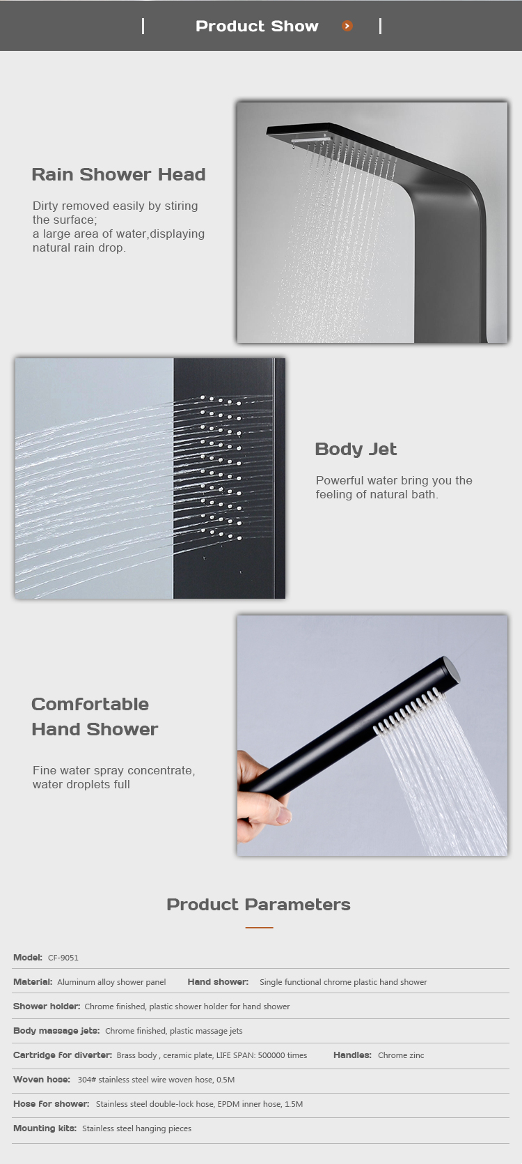 Quality home sanitary system spraying massage with jets shower panel aluminum alloy shower CF-9051 details