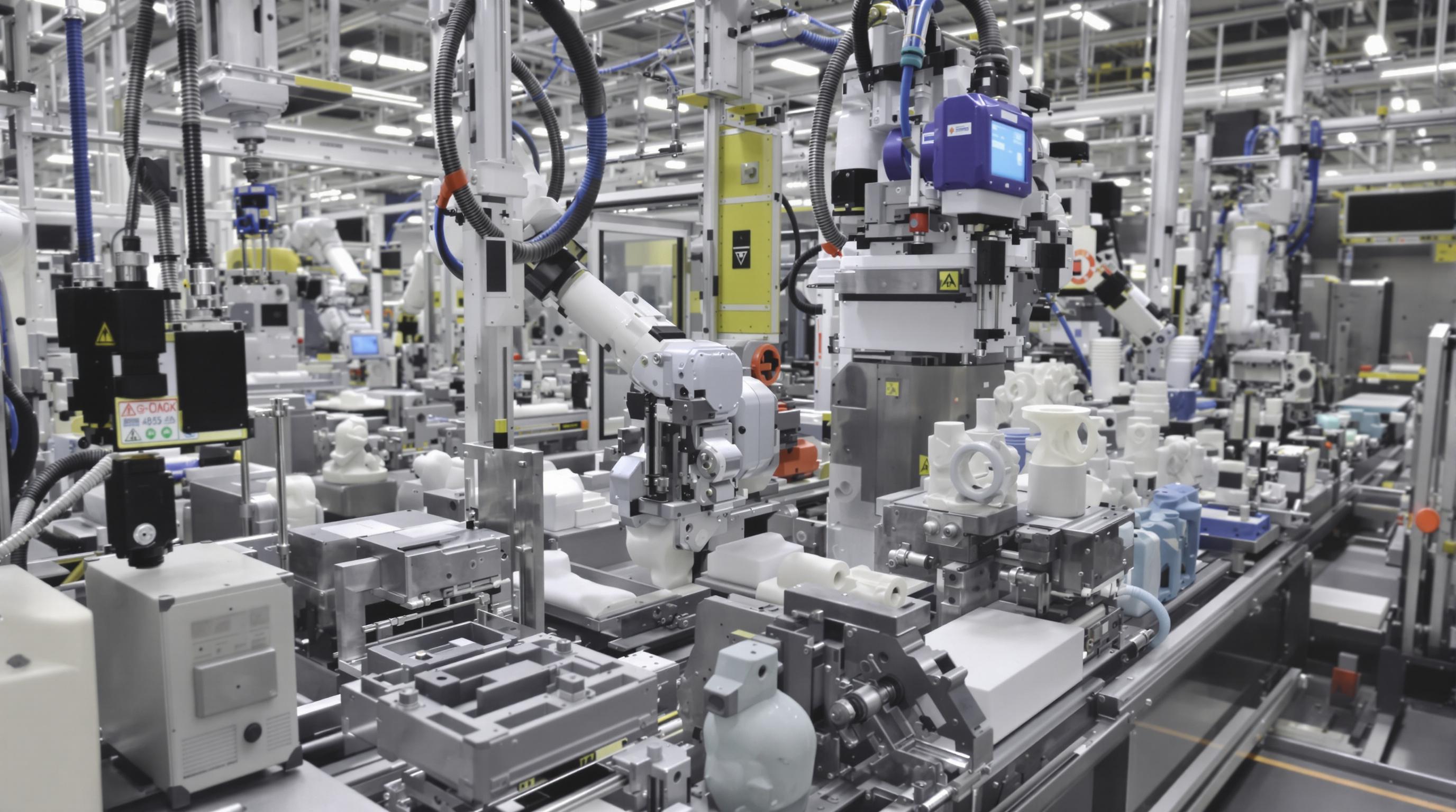 Automated blow molding line with robotic arms and sensor systems ensuring efficient plastic part production