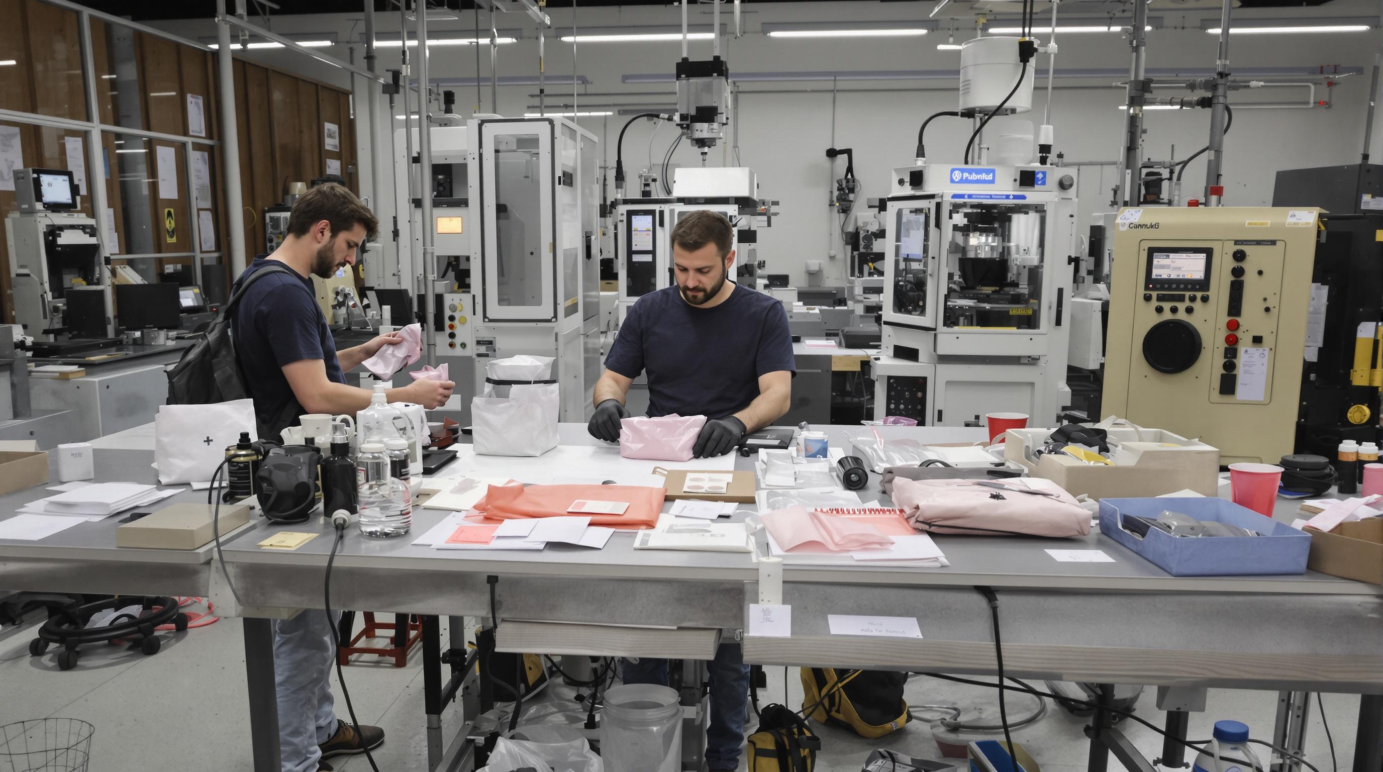 Engineers testing makeup bag prototypes for compliance during product design