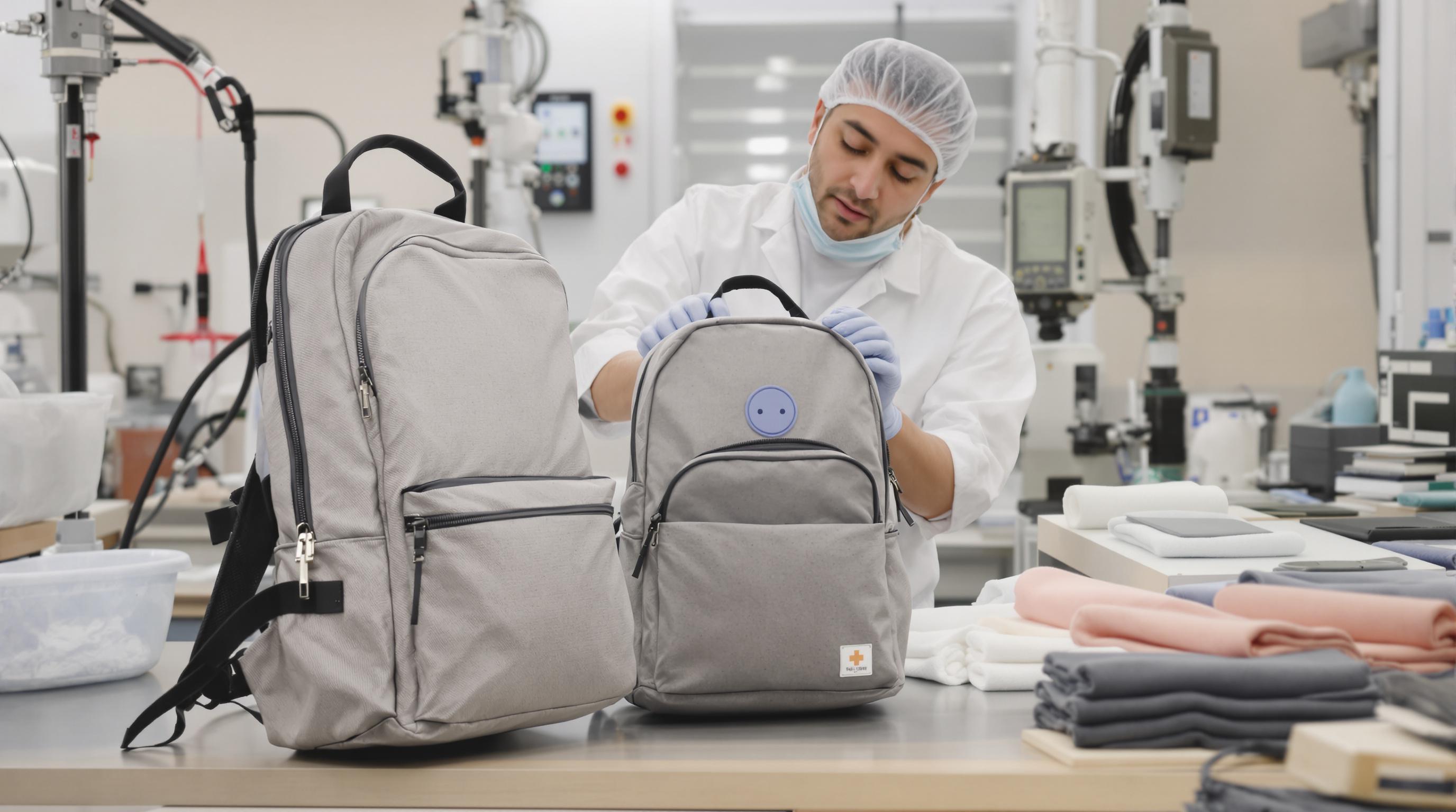 Scientist testing diaper backpack materials for toxins in a laboratory setting
