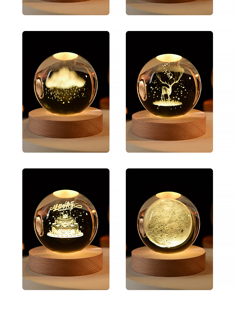 3D Laser Engraved Crystal Ball with Elegant Beechwood Light Base - Exquisite Art Piece for Home and Office Decor crystal craft details