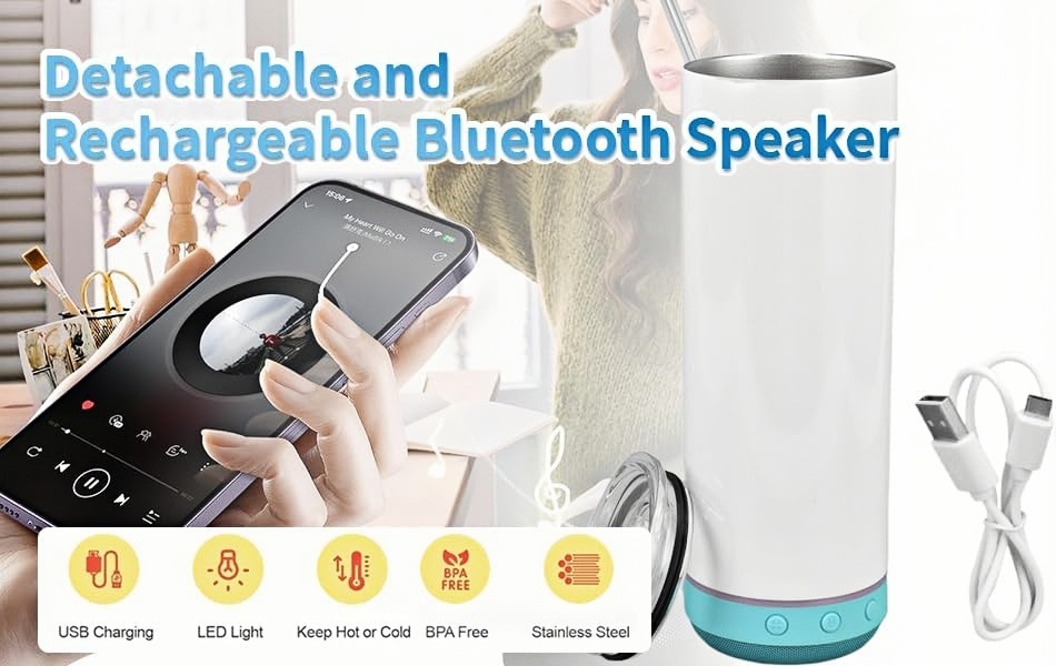 USB Charging Bluetooth Speaker Cup Stainless Steel Detachable Sublimation Vacuum Flask Music Player Thermoses Bottle with Lid factory